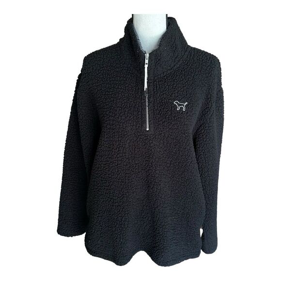PINK Victoria's Secret Black Sherpa Teddy Jacket‎ 1/4 Zip  Size Medium - Picture 1 of 16